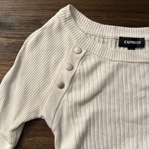 Express White Ribbed Long Sleeve Fitted Round Neck Sweater Top Small - Picture 3 of 8